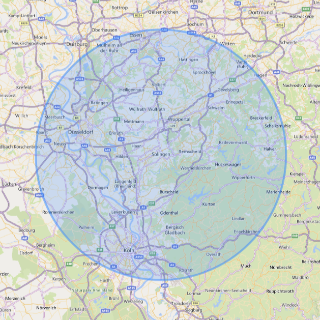 Karte mit einem blauen Kreis, der eine bestimmte geografische Region markiert. Innerhalb von 50km ab Solingen kommen wir Sie besuchen.